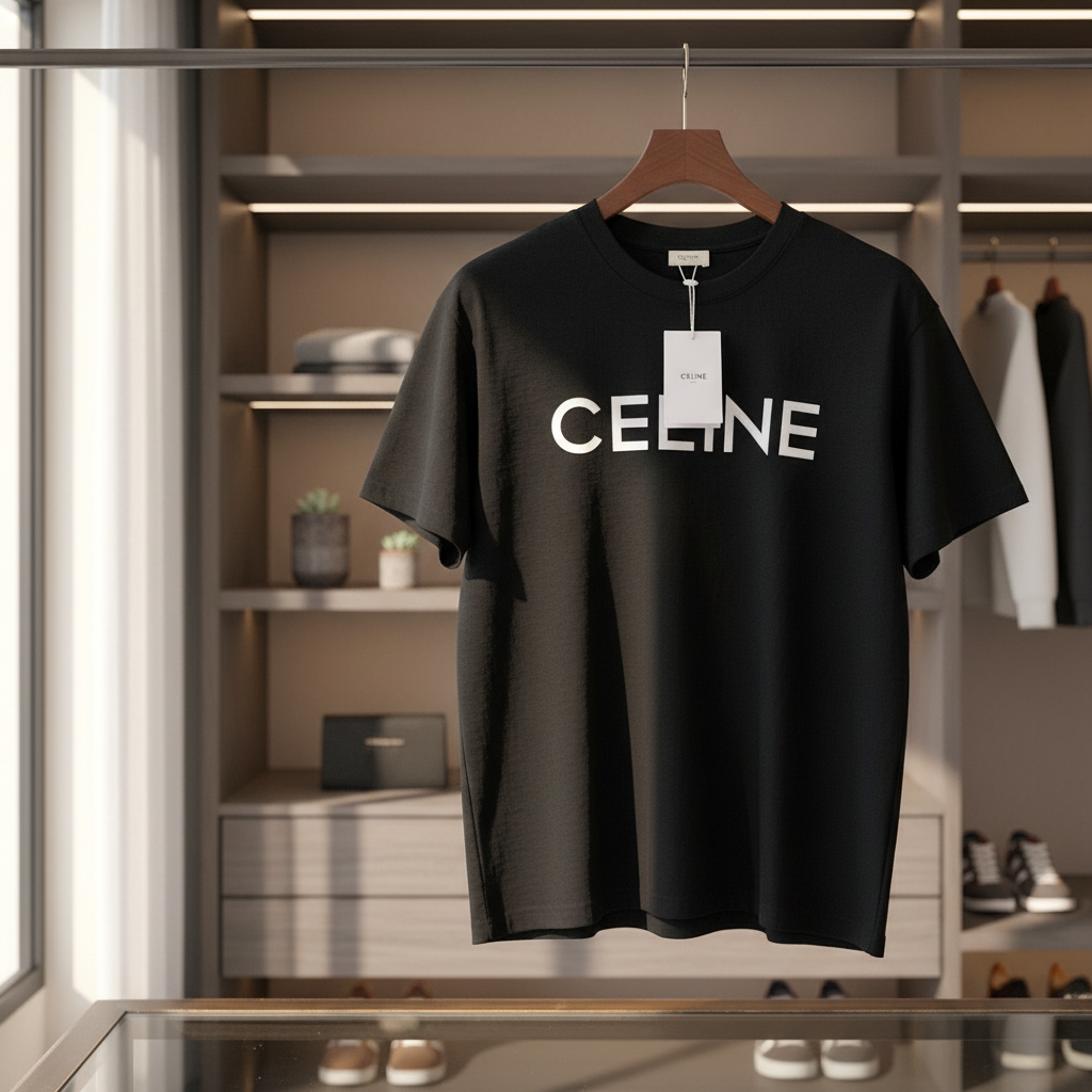 CELINE Black Logo Cotton Short Sleeve T-Shirt