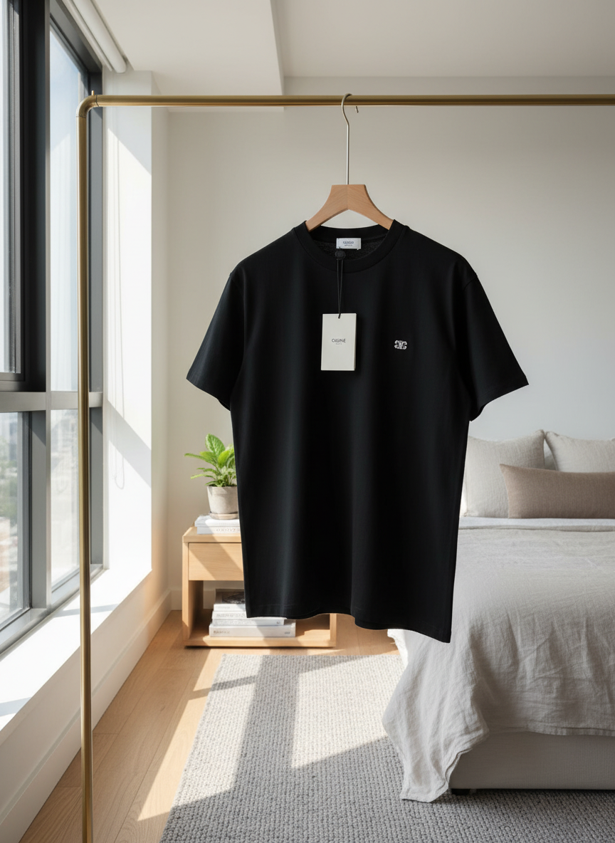 CELINE Men's Black Cotton Embroidered Logo T-Shirt