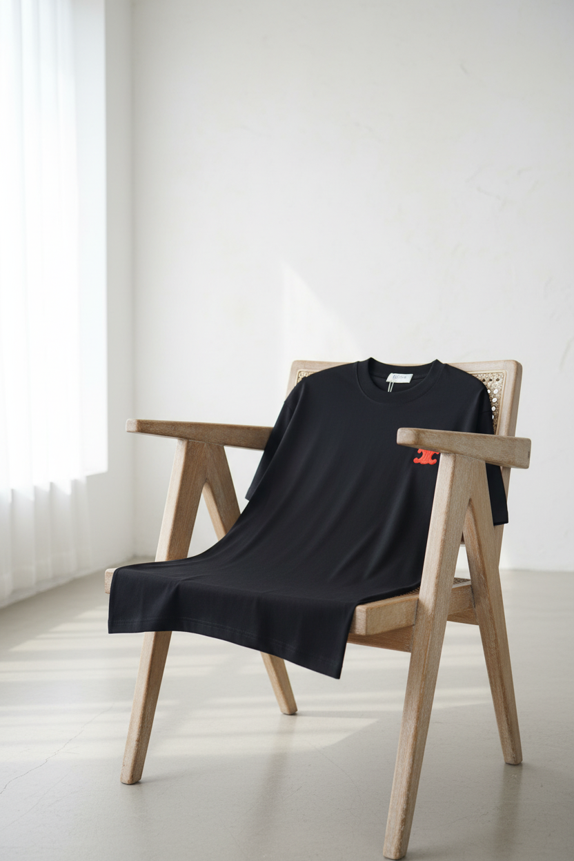 CELINE Black Cotton T-Shirt Red Triomphe Logo