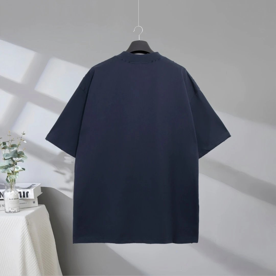 BALENCIAGA Men's Oversized Logo T-Shirt, casual streetwear style, soft cotton material, navy blue color, perfect for daily wear or fashion outfits.