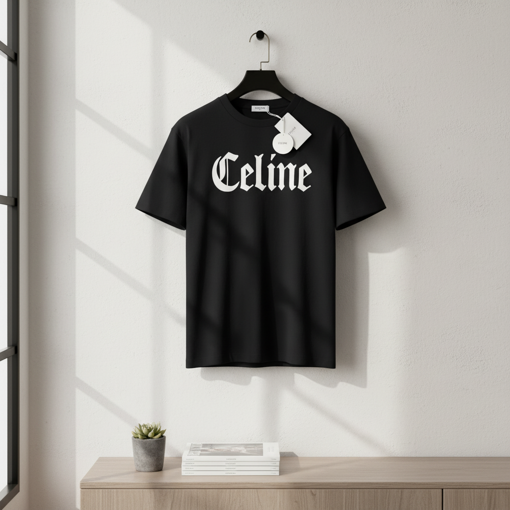 CELINE Black Gothic Logo Cotton T-Shirt