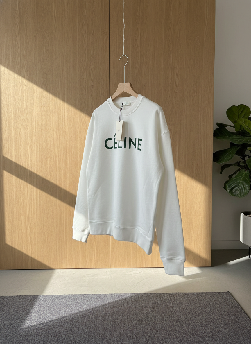 CELINE White Logo Cotton Hoodie Unisex Casual