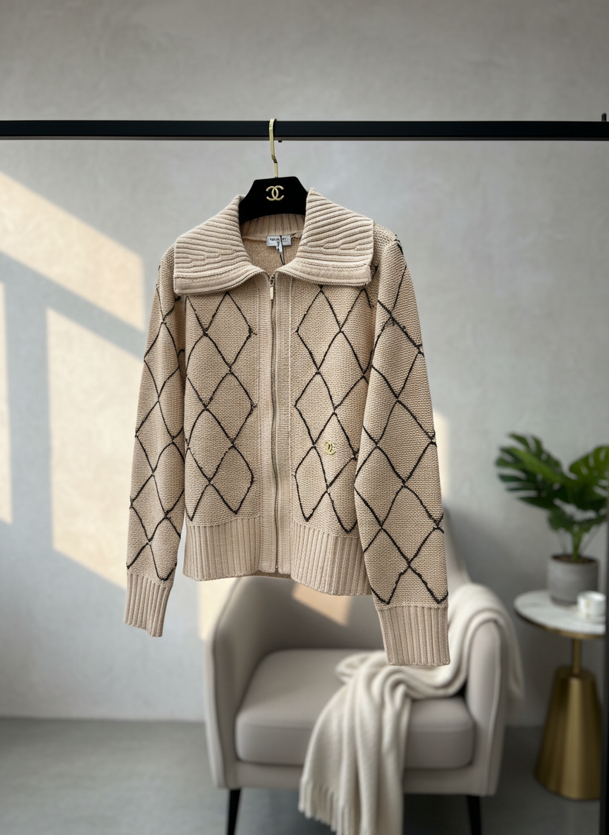 CHANEL Beige Diamond Knit Zip Up Women Jacket
