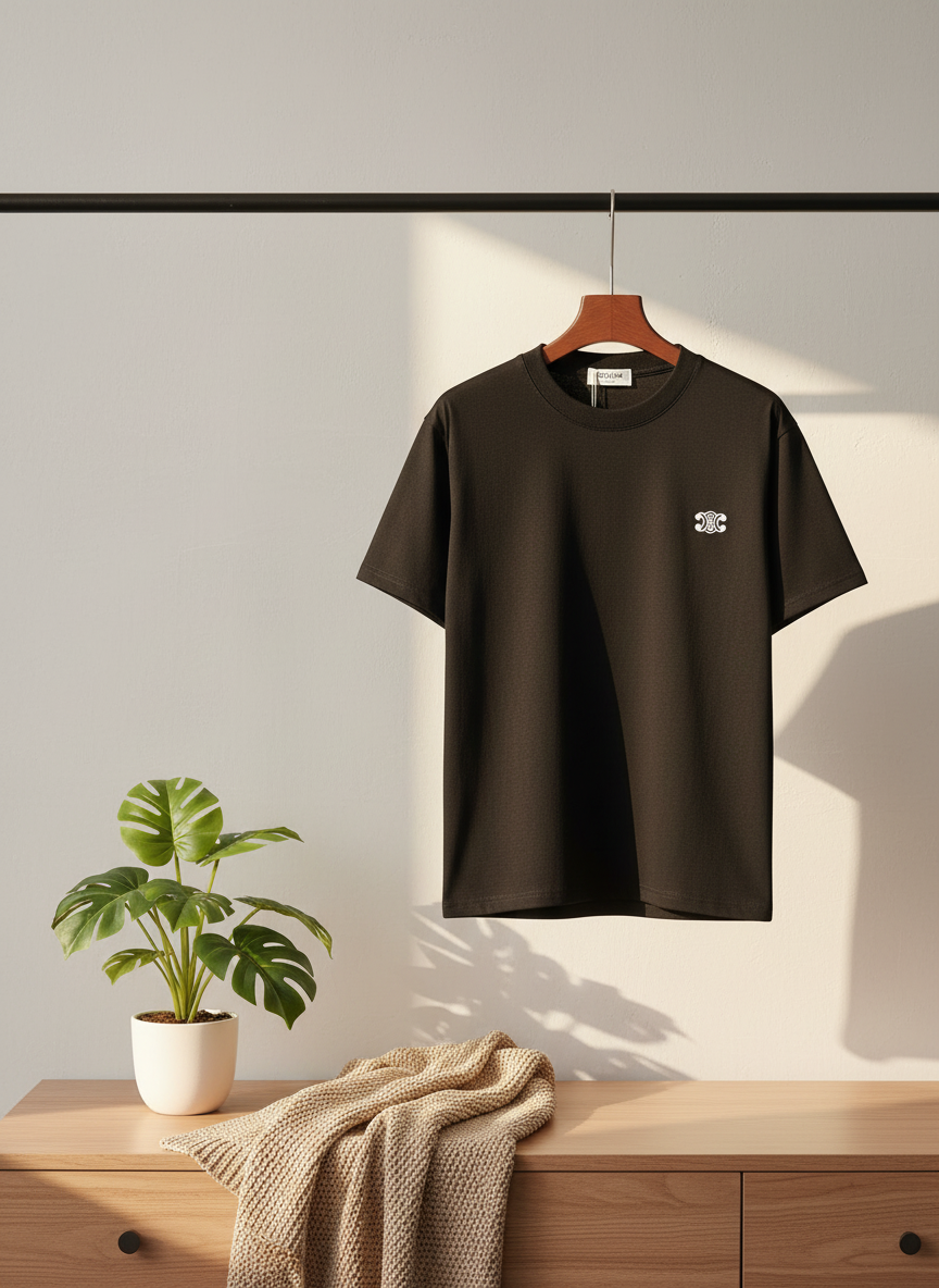 CELINE Black Cotton Embroidered Logo T-Shirt