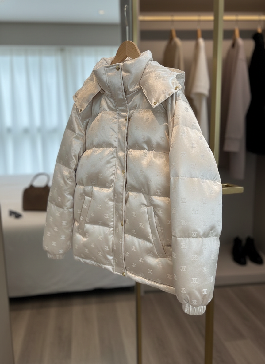CHANEL Silver Satin Hooded Down Jacket Women’s Winter Coat