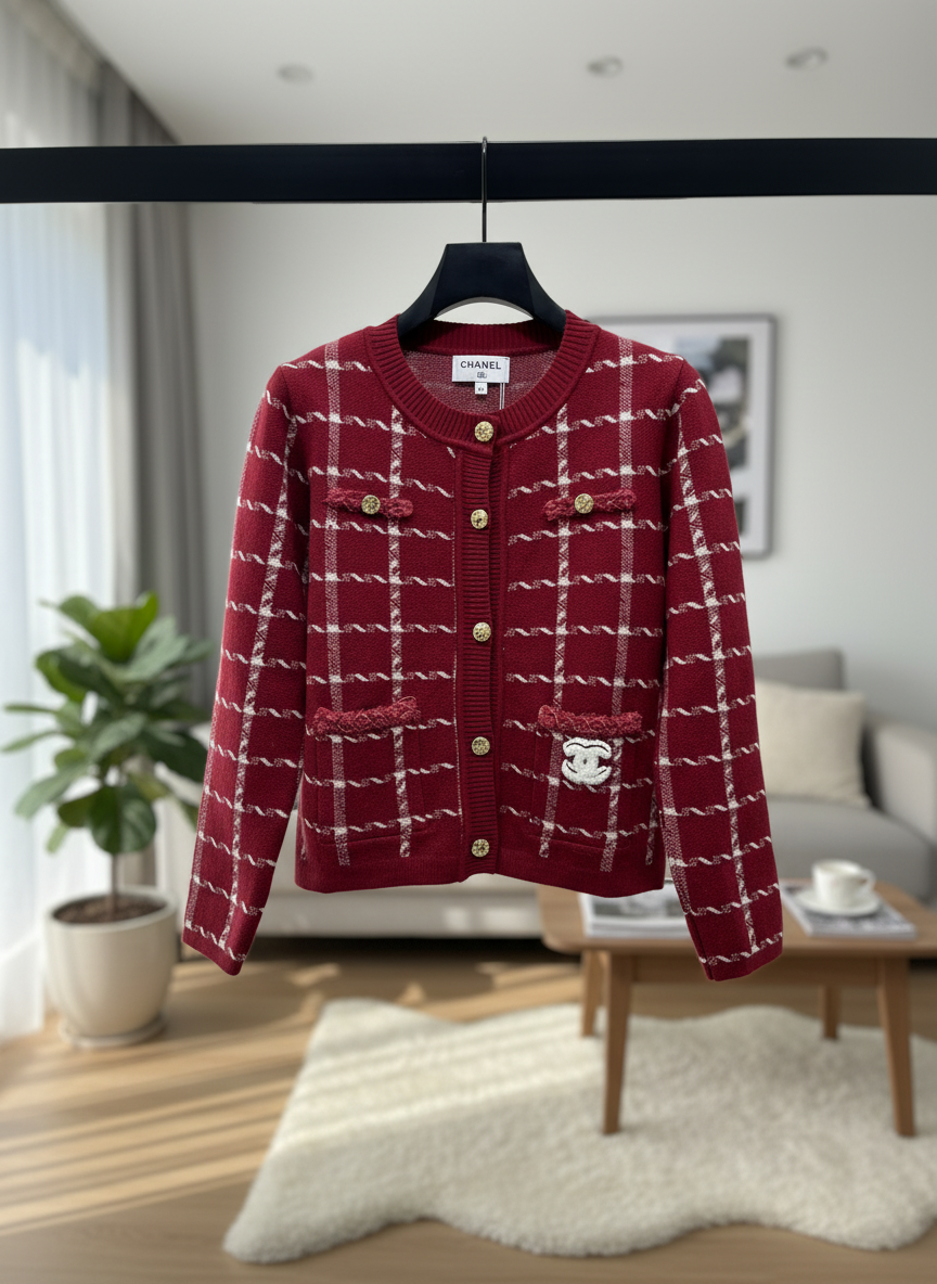 CHANEL Red Plaid Knit Cardigan Jacket Women