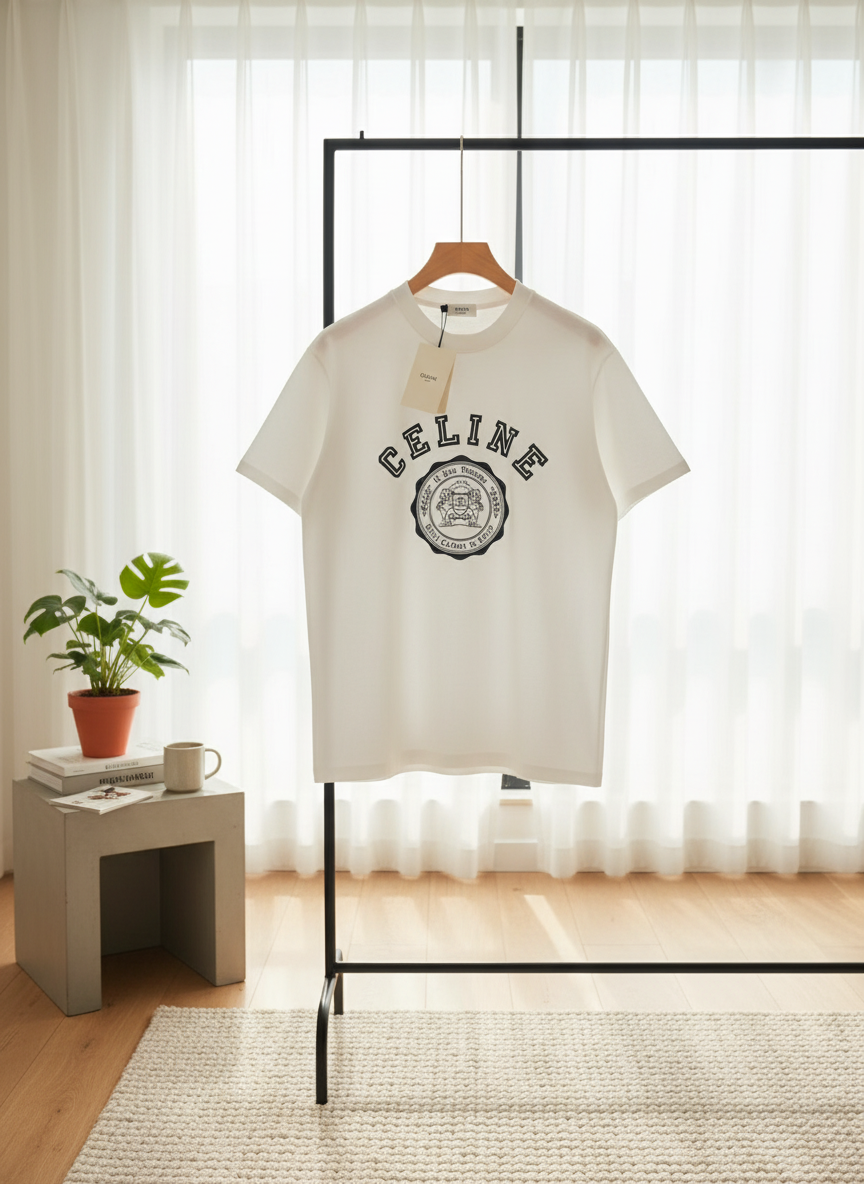 CELINE White Logo Cotton Crest T-Shirt Classic Style