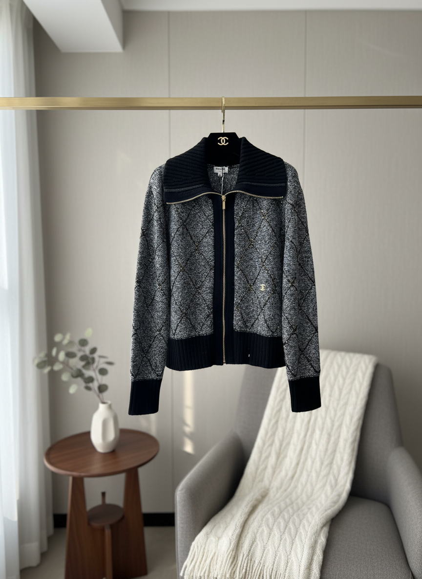 CHANEL Black Gray Knit Diamond Zip Jacket Women