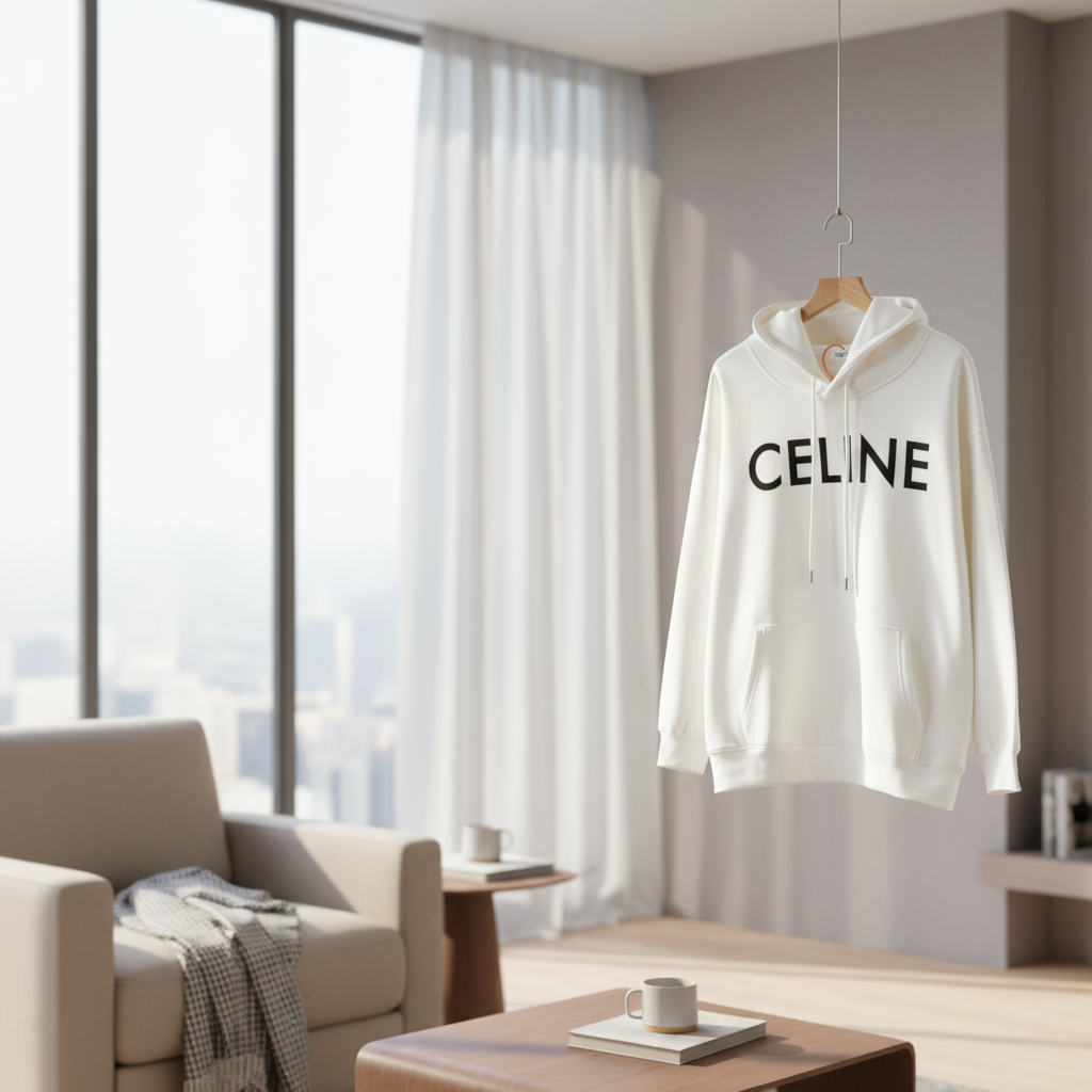 CELINE Logo Print White Cotton Hoodie