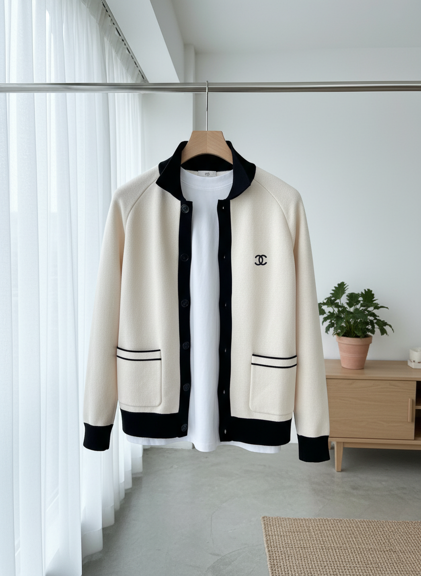 CHANEL Beige Black Knit Logo Cardigan Jacket
