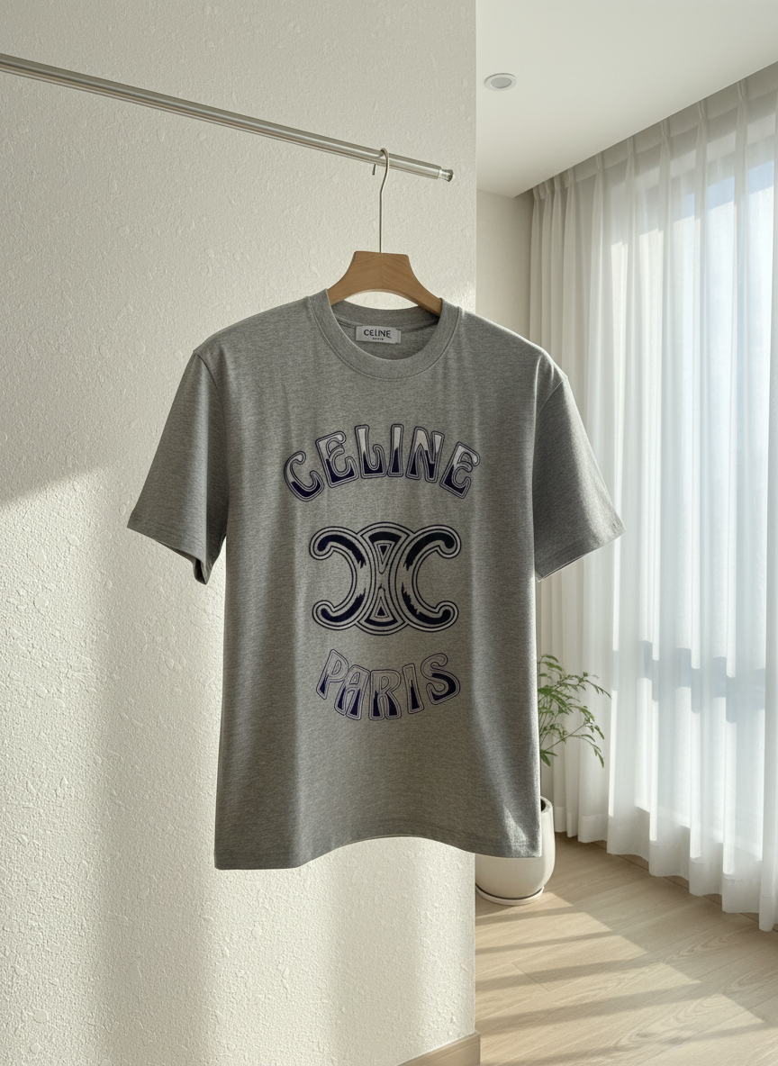 CELINE Paris Grey Logo Cotton T-Shirt