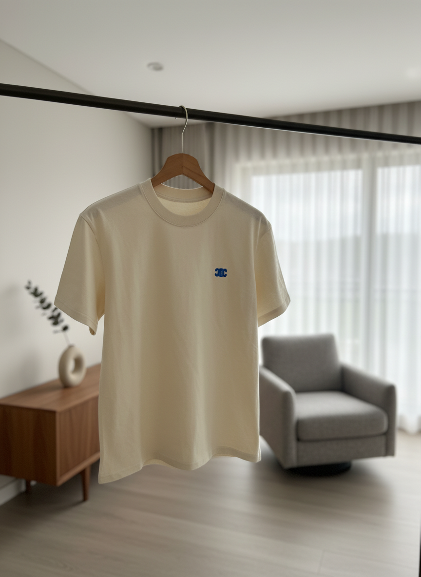CELINE Beige Blue Logo Unisex Cotton T-Shirt
