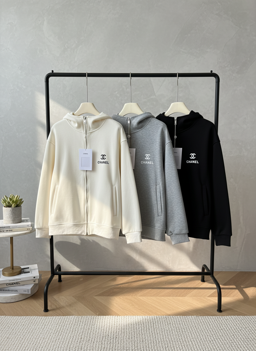 CHANEL Zip Up Cotton Hoodies White Gray Black