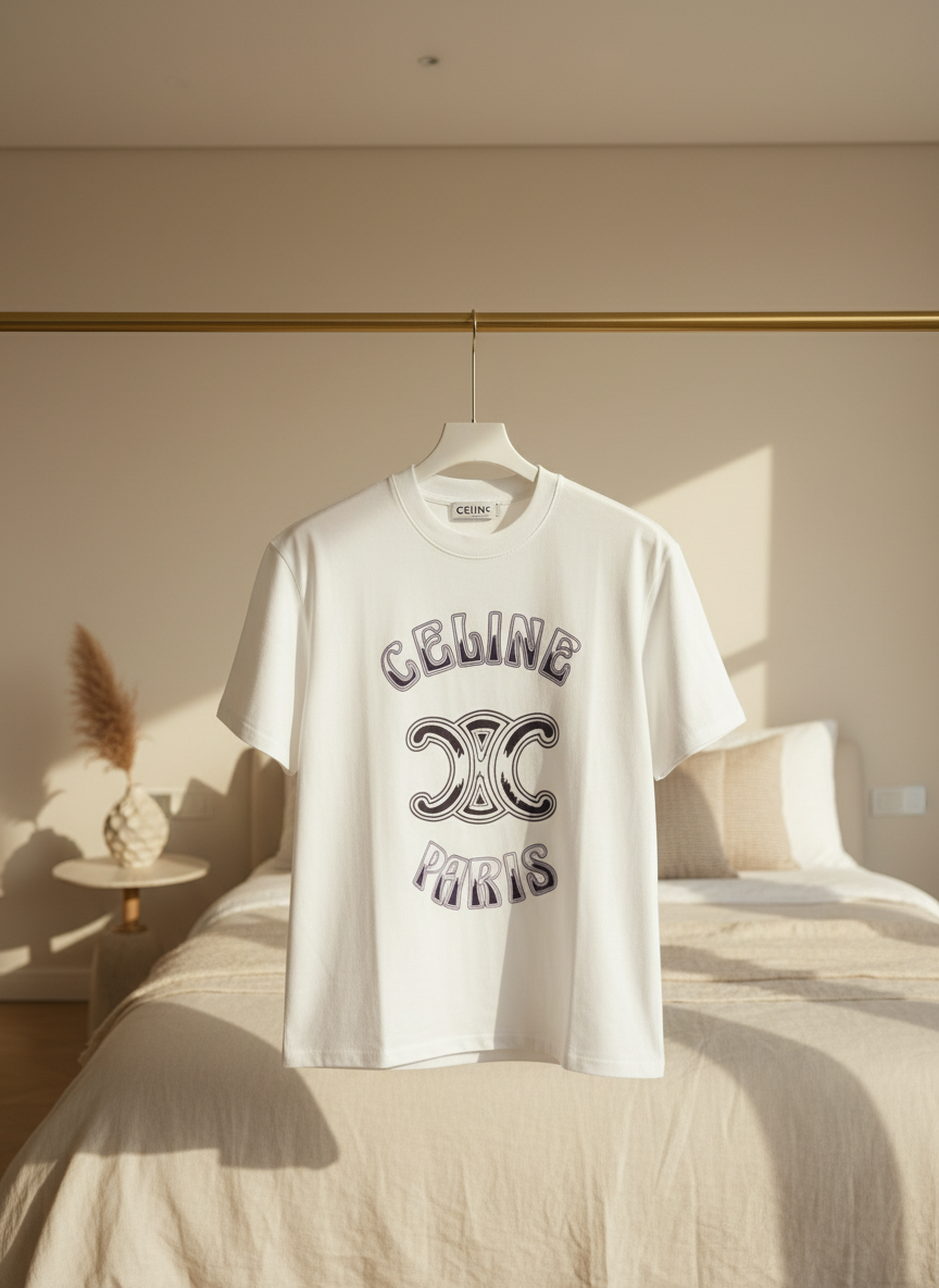 CELINE Paris Logo White Cotton T-Shirt