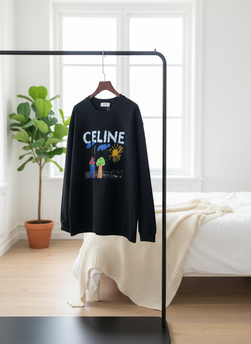 CELINE Black Cotton Hoodie Colorful Embroidered Streetwear