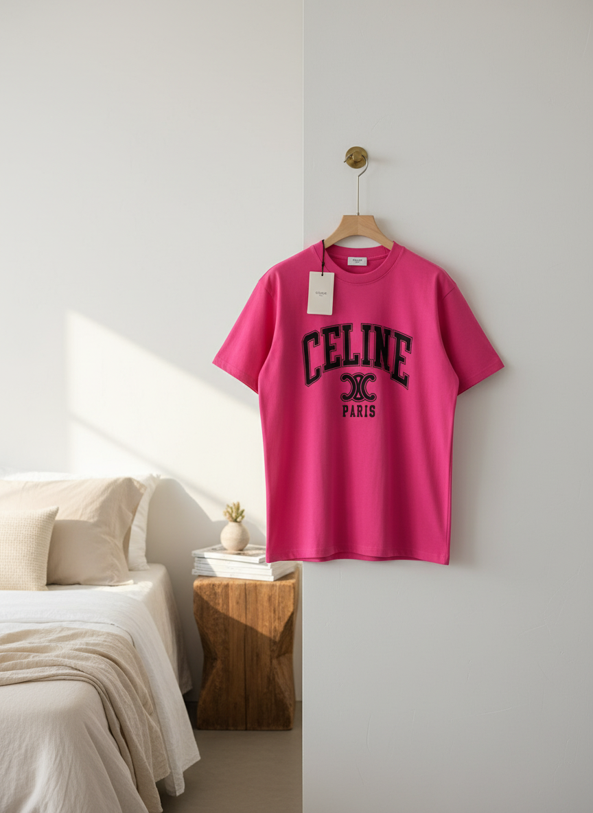 CELINE Paris Women Pink Logo Cotton T-Shirt