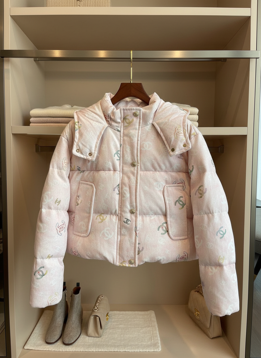 CHANEL Pink Hooded Puffer Jacket Women Winter Coat