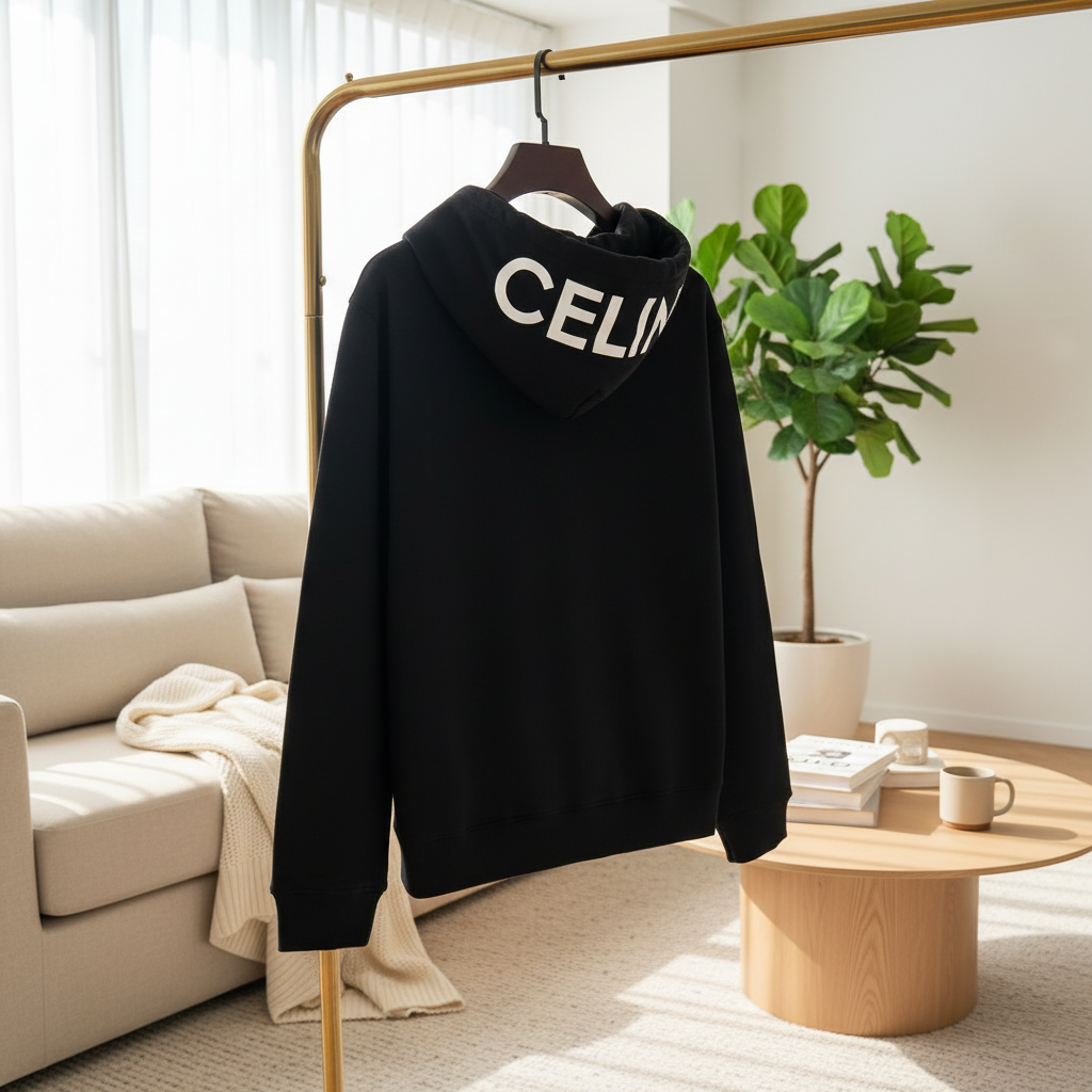 CELINE Black Logo Hoodie Unisex Casual Streetwear Pullover
