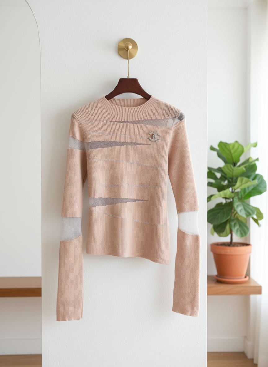 CHANEL Beige Knit Sweater Women Long Sleeve Top