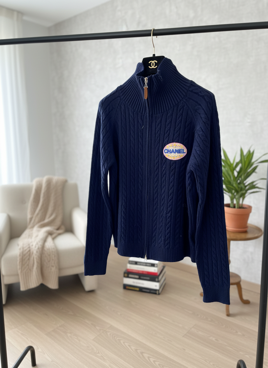 CHANEL Navy Wool Zip Cardigan Women Jacket