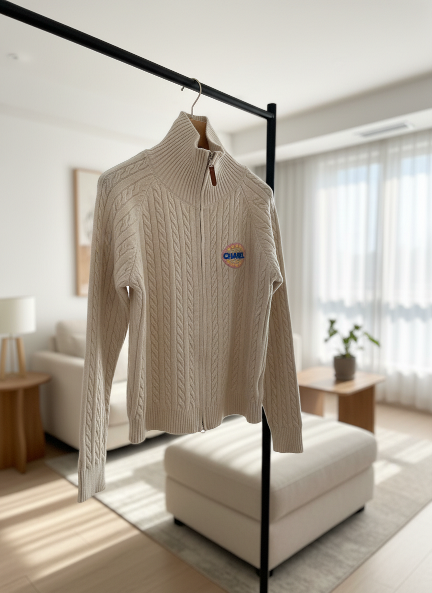 CHANEL Beige Wool Cable Knit Zip Sweater