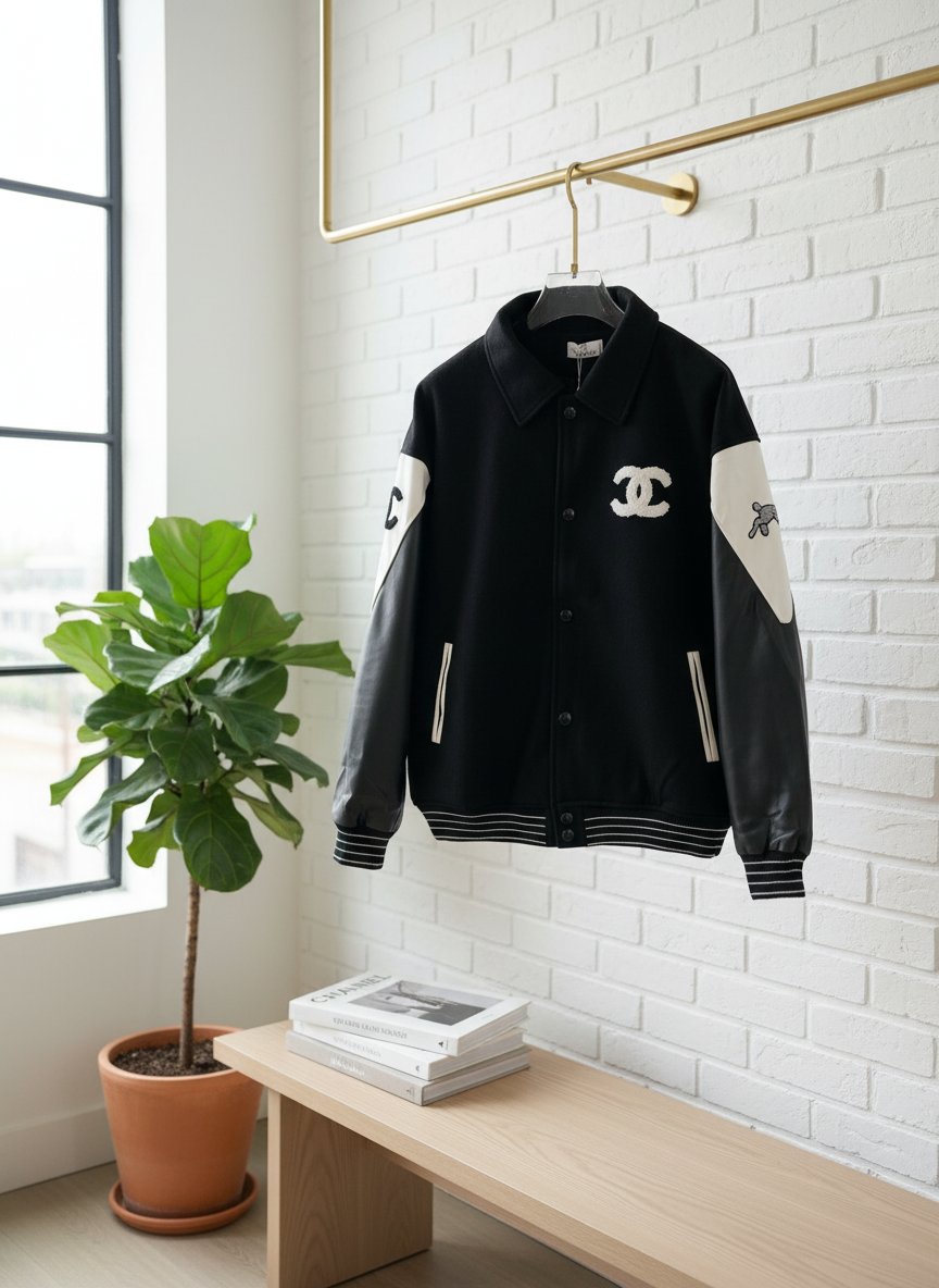 CHANEL Black White Varsity Wool Leather Jacket