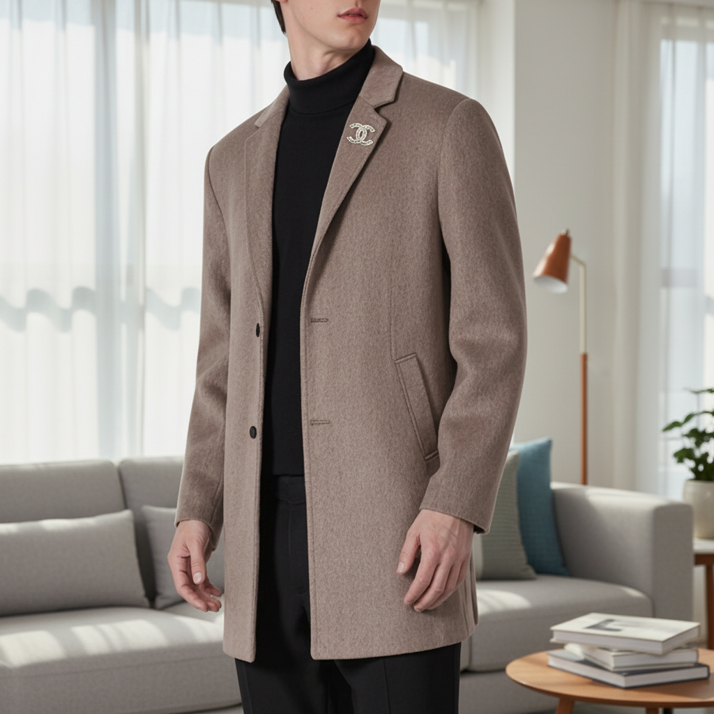 CHANEL Men’s Beige Wool Coat Winter Jacket