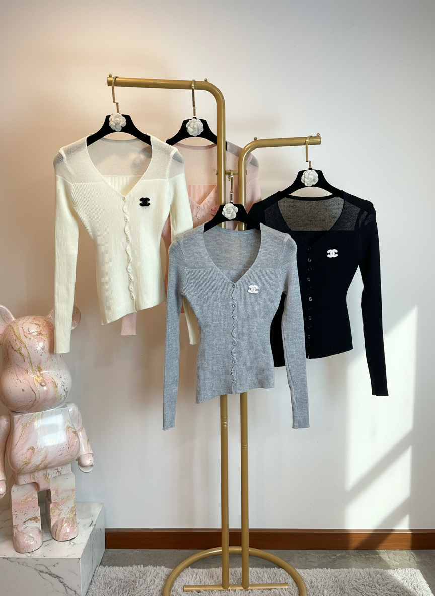 CHANEL Women Slim Knit V-Neck Cardigan Sweater