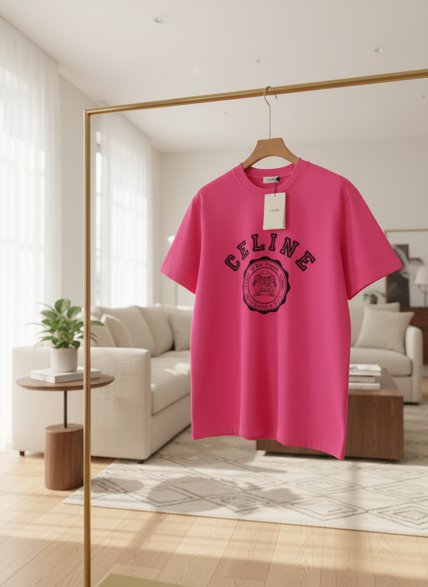 CELINE Pink Logo Unisex Cotton T-Shirt