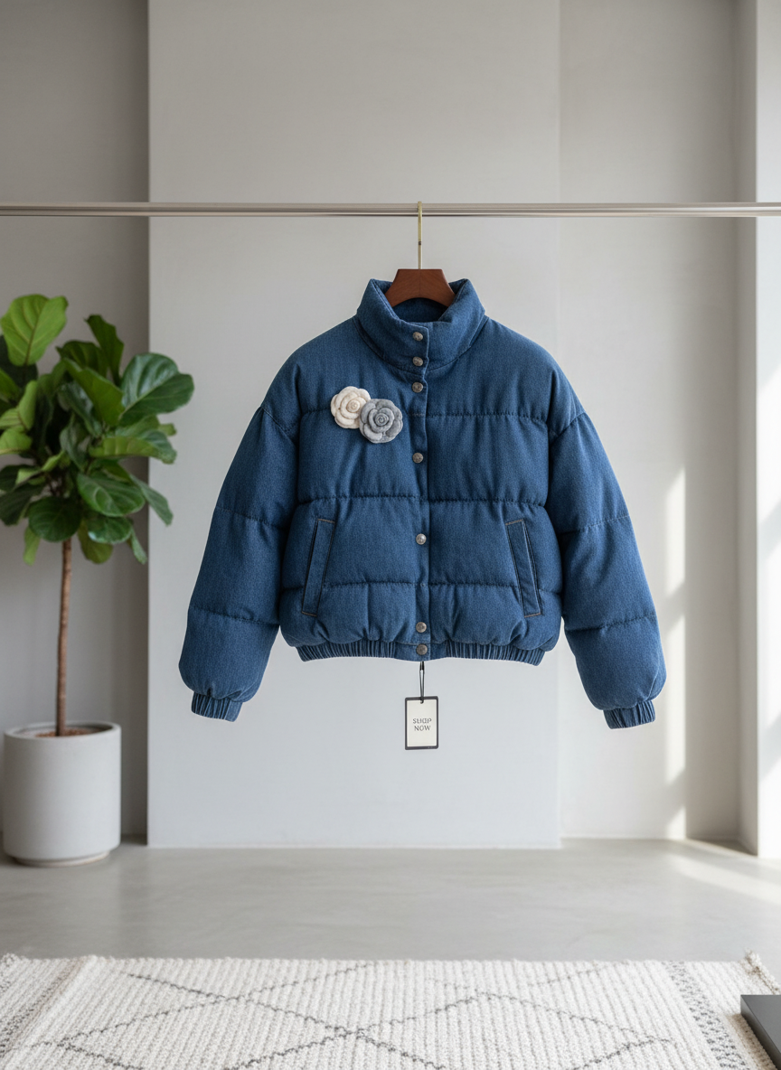 CHANEL Denim Puffer Jacket Women Winter Coat