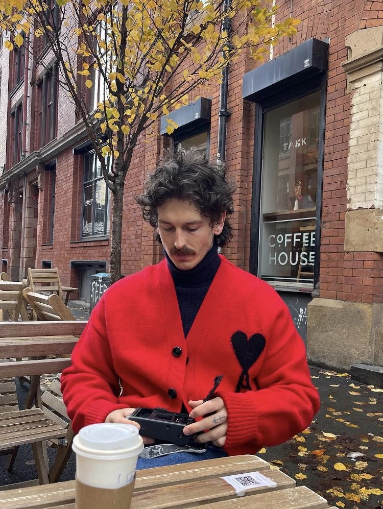 AMI Red Heart V-Neck Knit Cardigan Unisex Sweater