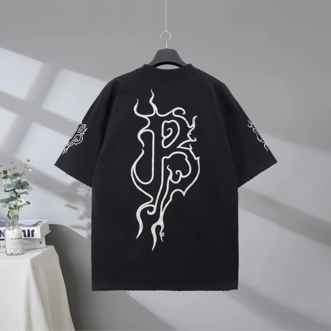 Balenciaga Men’s Black Graphic Logo T-Shirt, casual oversized streetwear top, high-quality cotton, stylish gothic design perfect for fashion-forward everyday outfits.