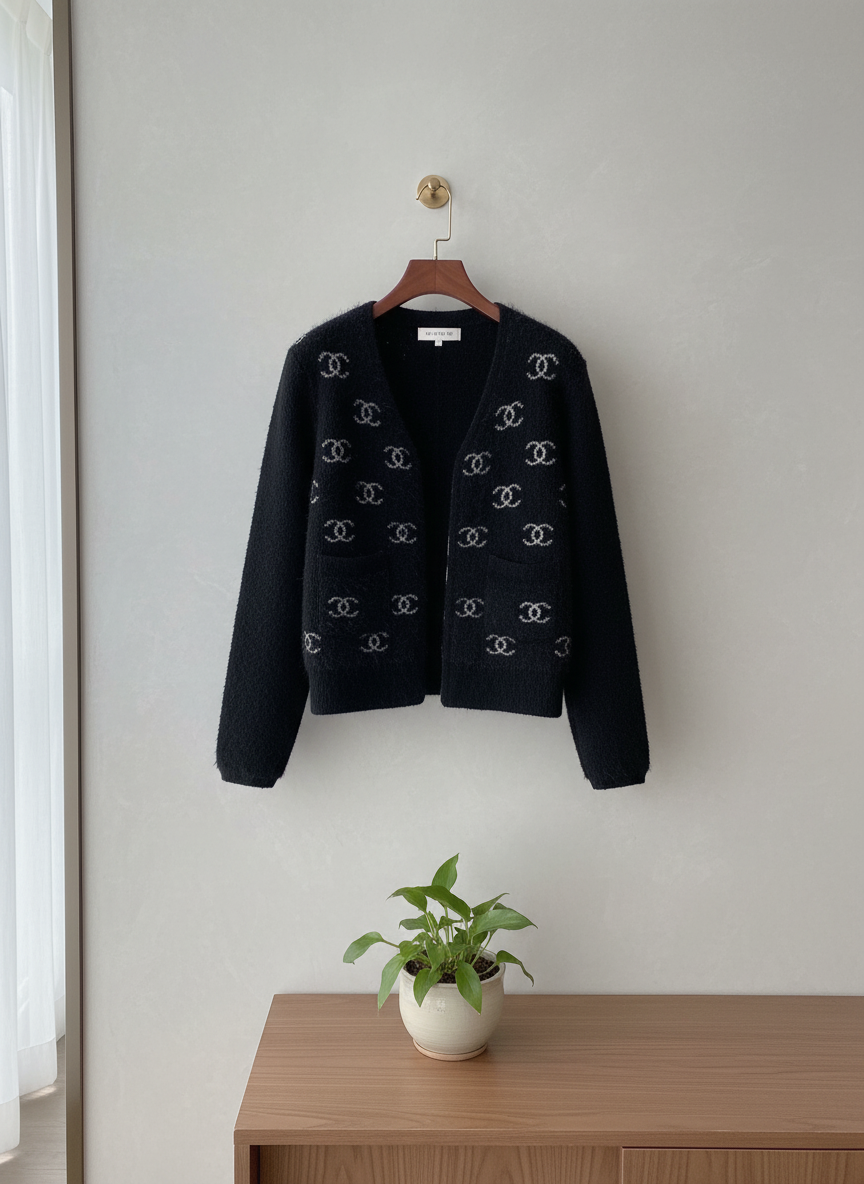 CHANEL Black Knit Logo Women Jacket