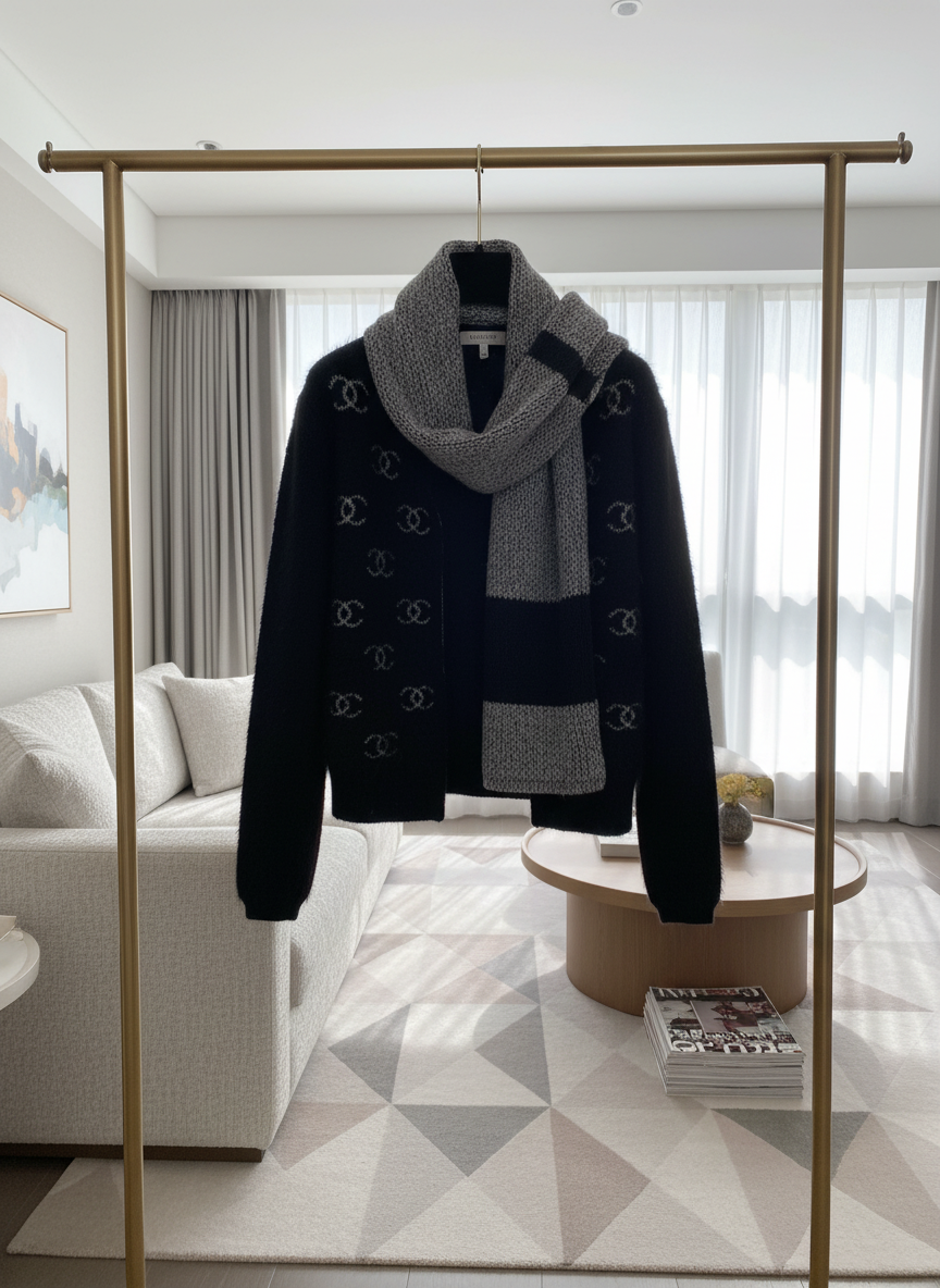 CHANEL Black Wool Knit Logo Jacket Women’s Winter Outerwear