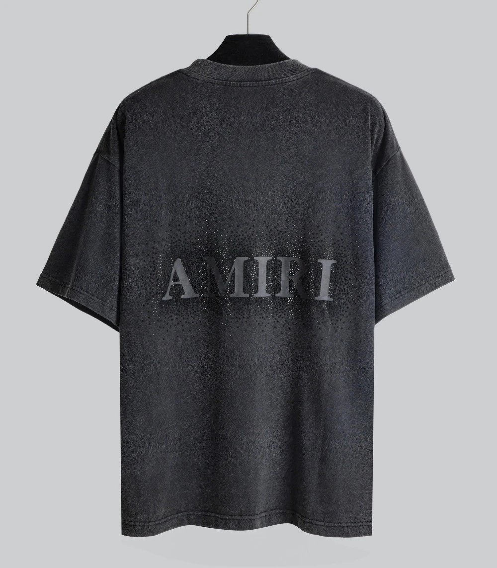 AMIRI Dark Gray Rhinestone Logo Distressed Cotton T-Shirt