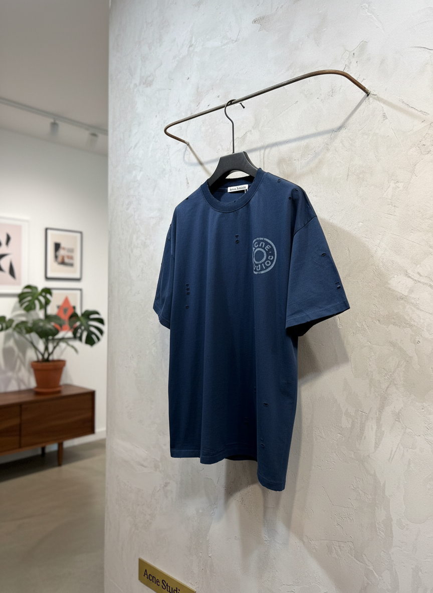 Acne Studios Navy Blue Distressed Cotton Unisex T-Shirt