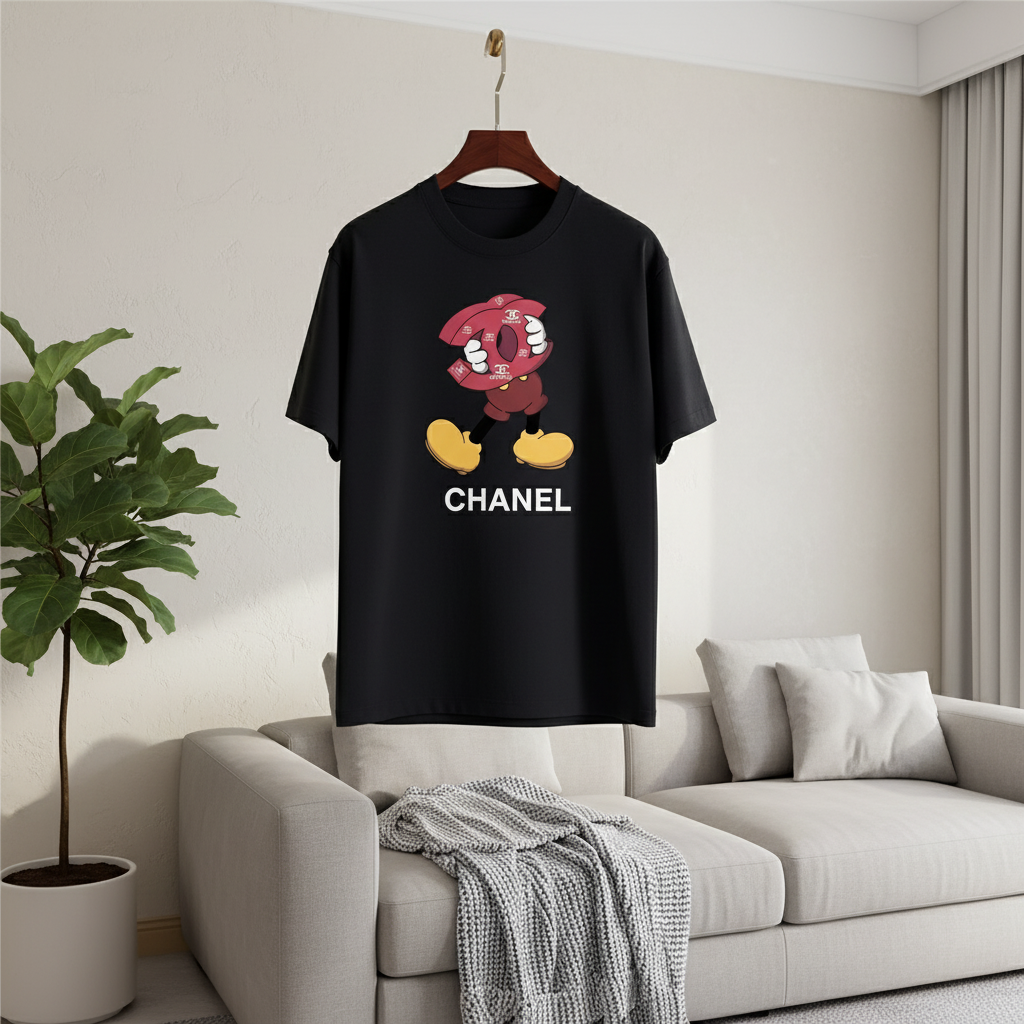 CHANEL Unisex Graphic Print Cotton Short Sleeve T-Shirt