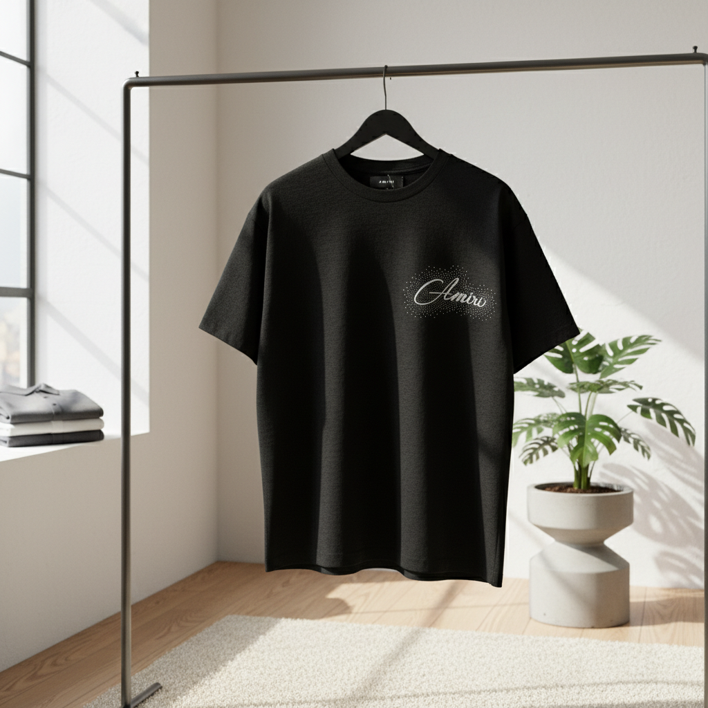 AMIRI Black Rhinestone Logo Oversized Unisex T-Shirt