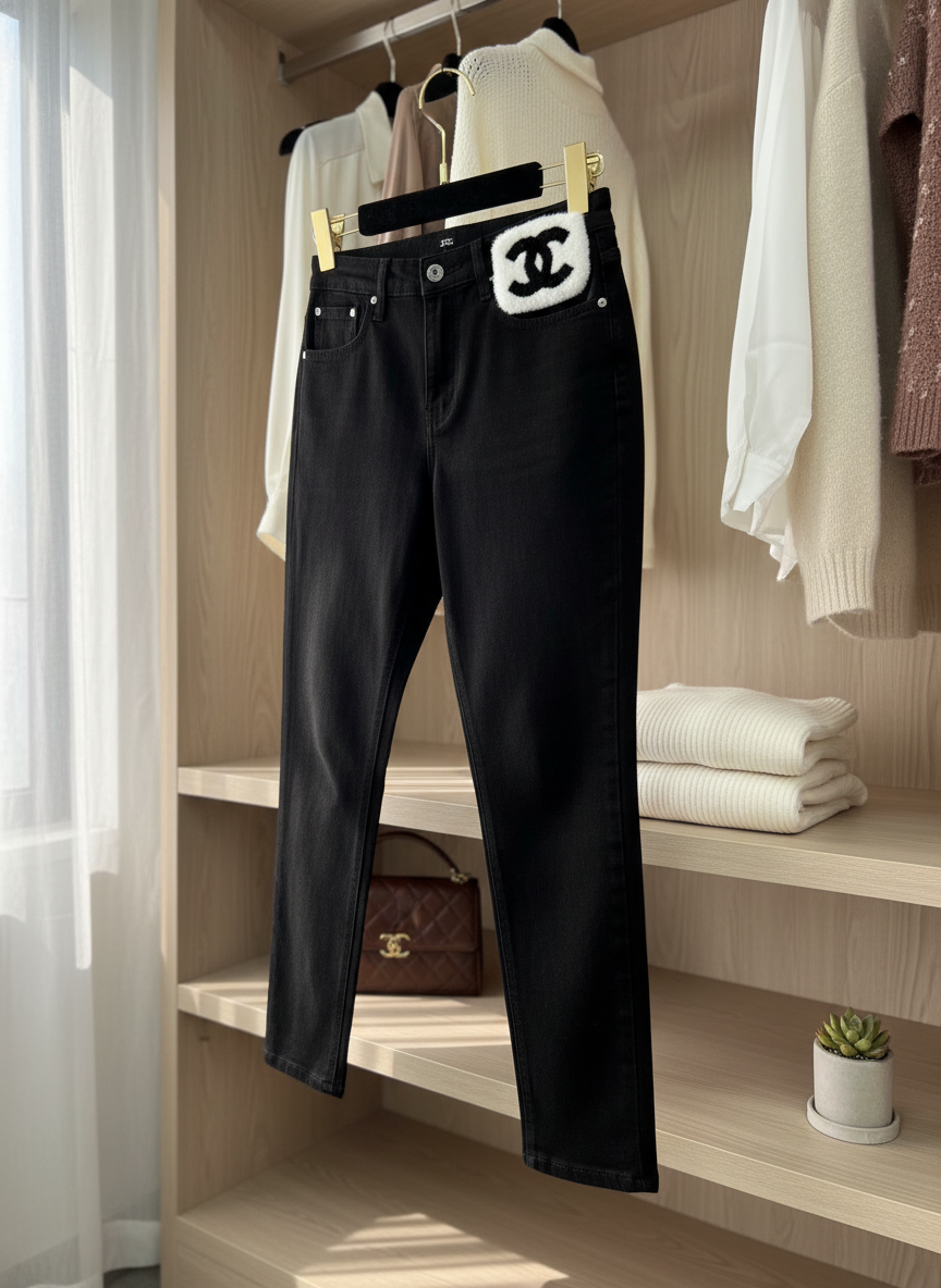 CHANEL Black High Waist Skinny Pants Fur Patch