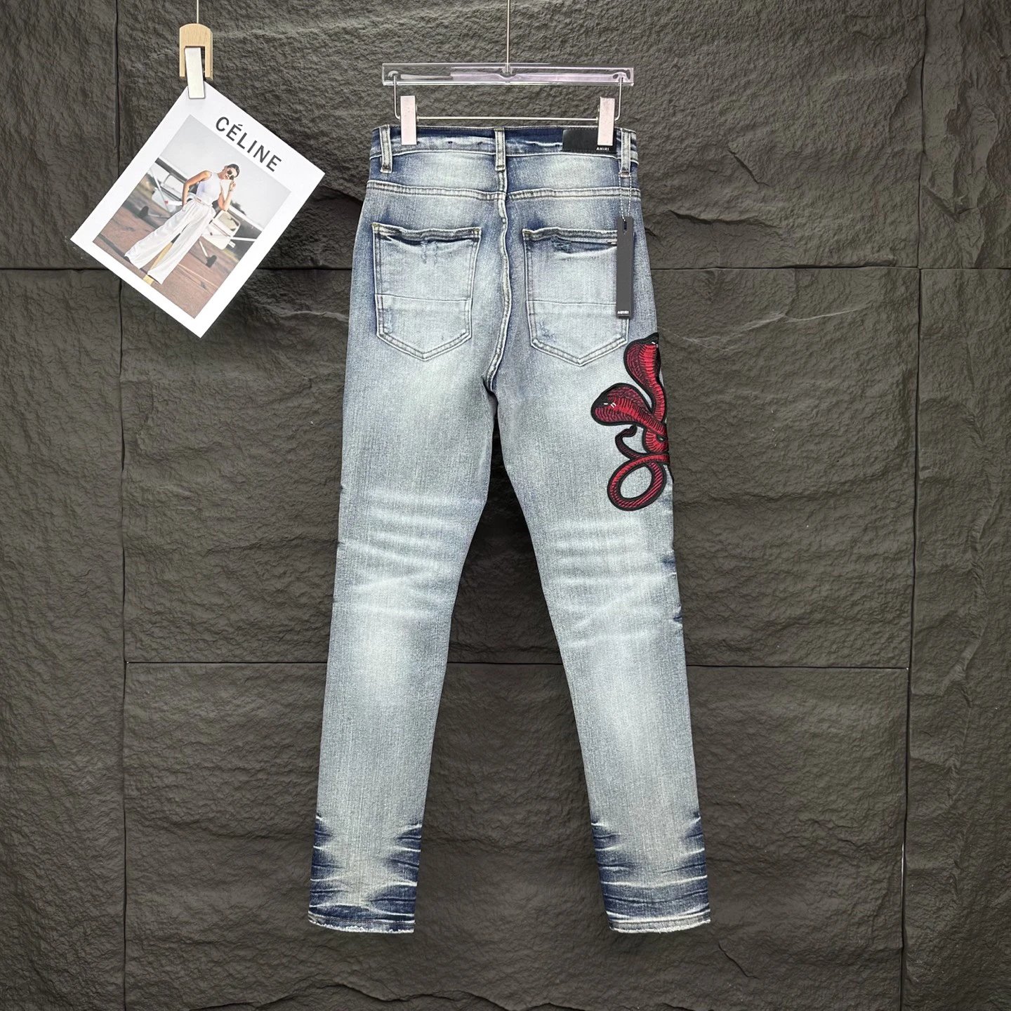 AMIRI Light Blue Snake Embroidered Distressed Jeans