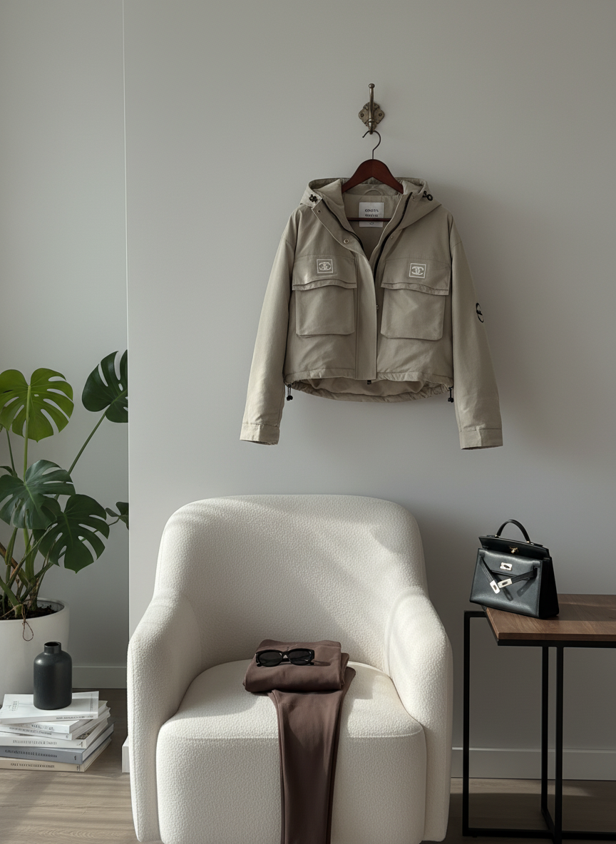 CHANEL Beige Cropped Puffer Jacket Women Winter