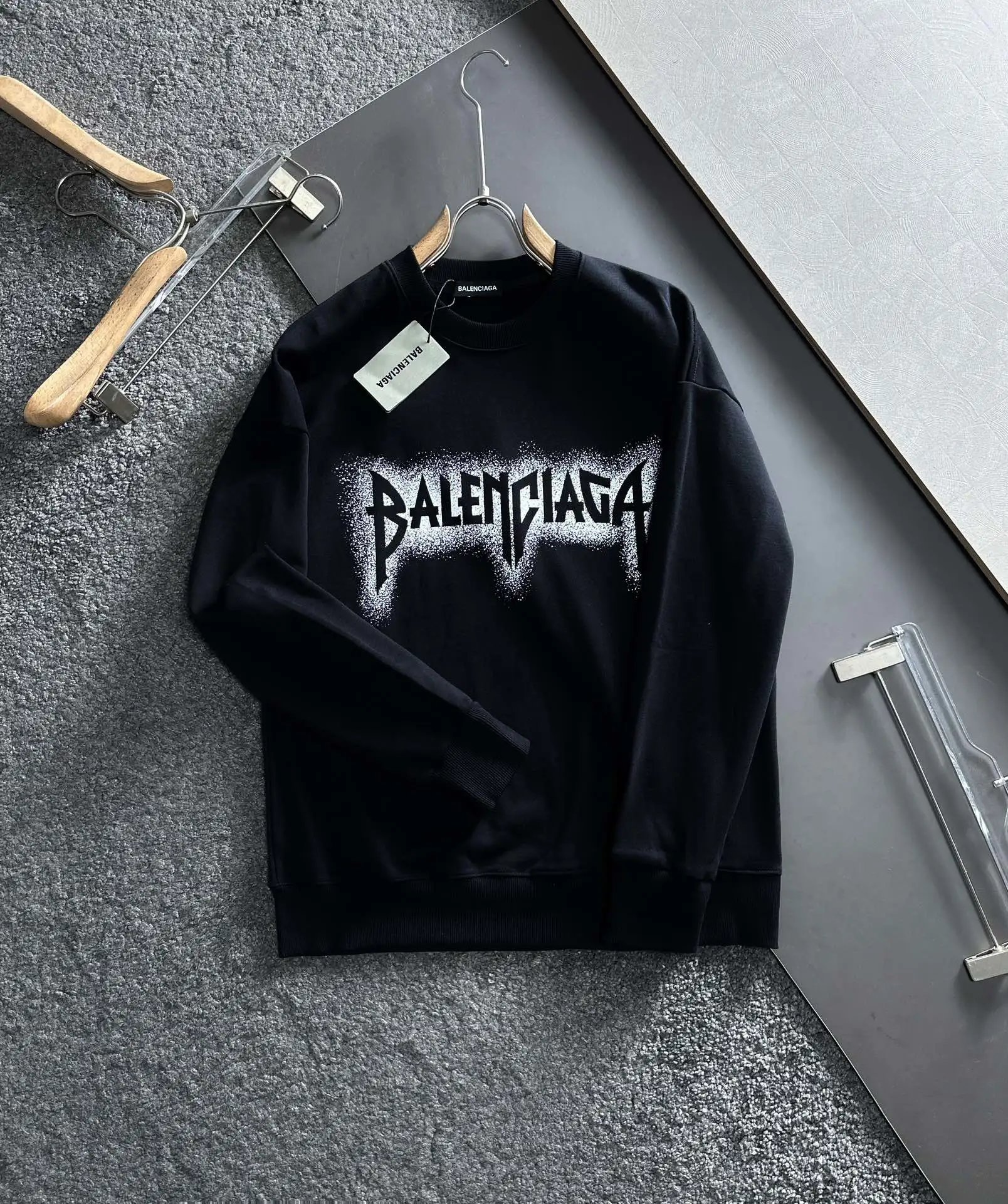 Balenciaga Black Logo Cotton Crewneck Hoodie