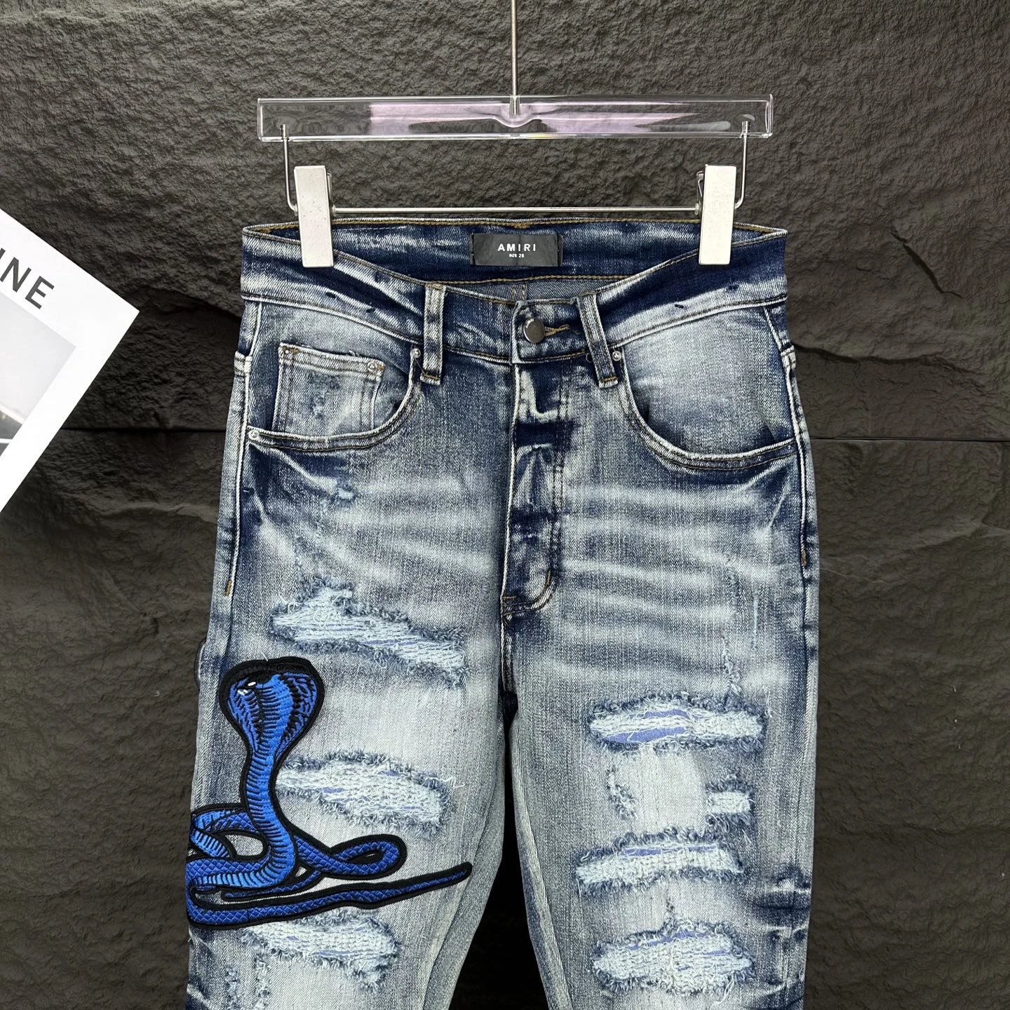 AMIRI Light Blue Snake Embroidered Distressed Jeans