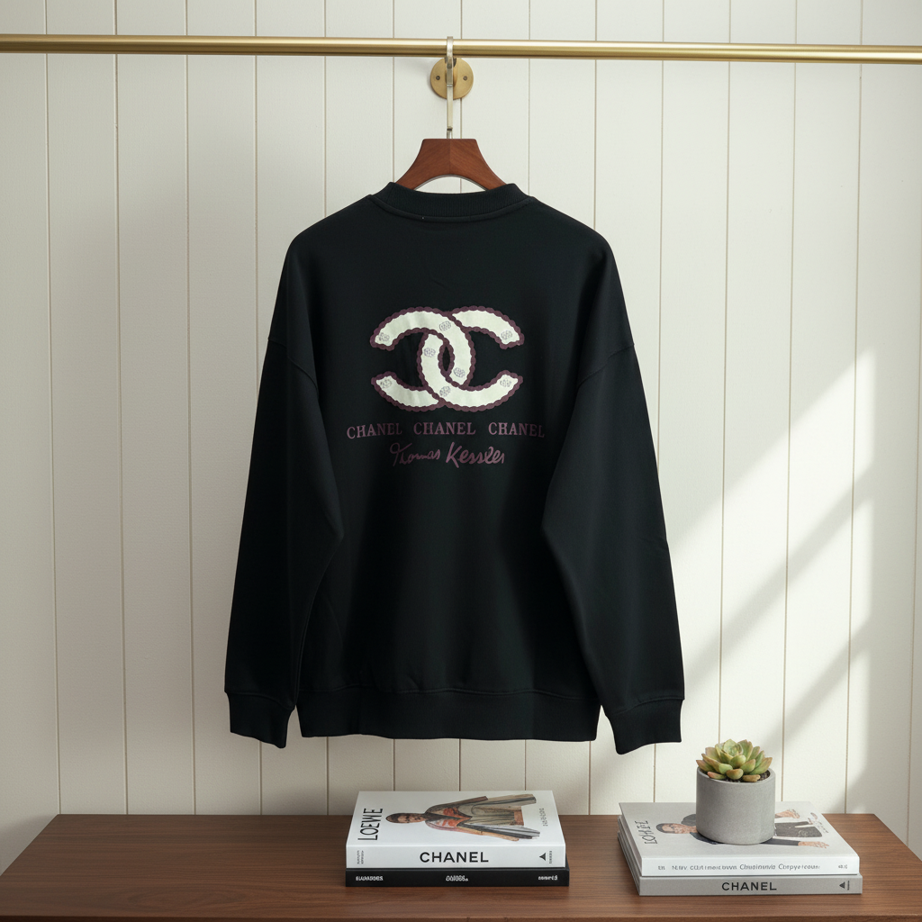 CHANEL Black Hoodie Double C Logo Sweatshirt Unisex