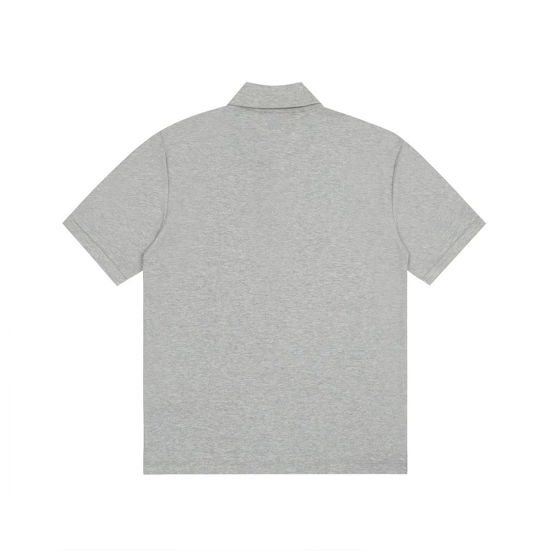 AMI Men’s Grey Polo Shirt with Heart A Logo, Classic Short Sleeve Cotton Top, Modern Casual Style Perfect for Summer and Everyday Wear.