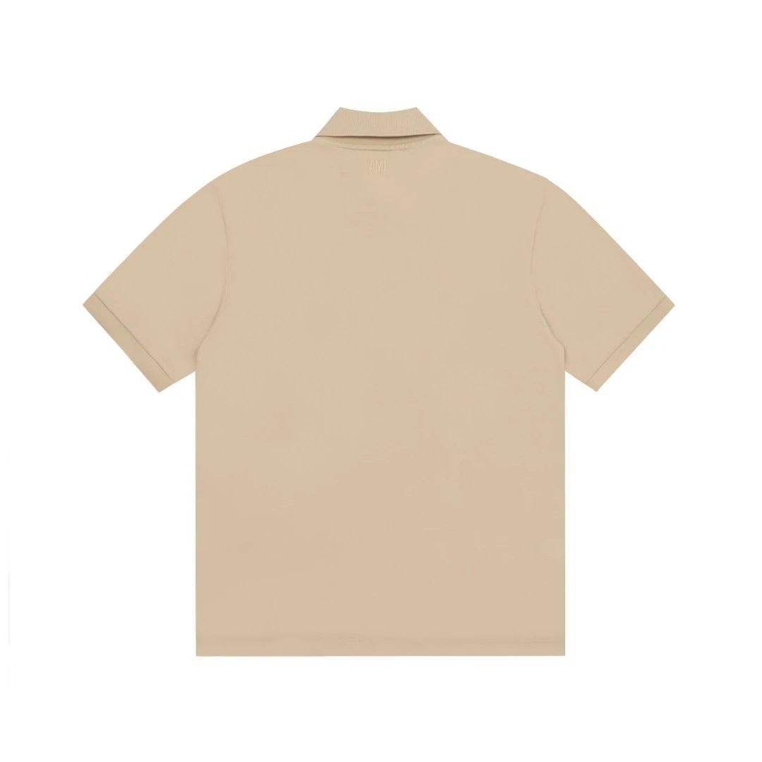 AMI T-Shirt, classic beige polo style featuring AMI heart logo embroidery, crafted from premium cotton for comfort and durability, perfect for casual or smart outfits.