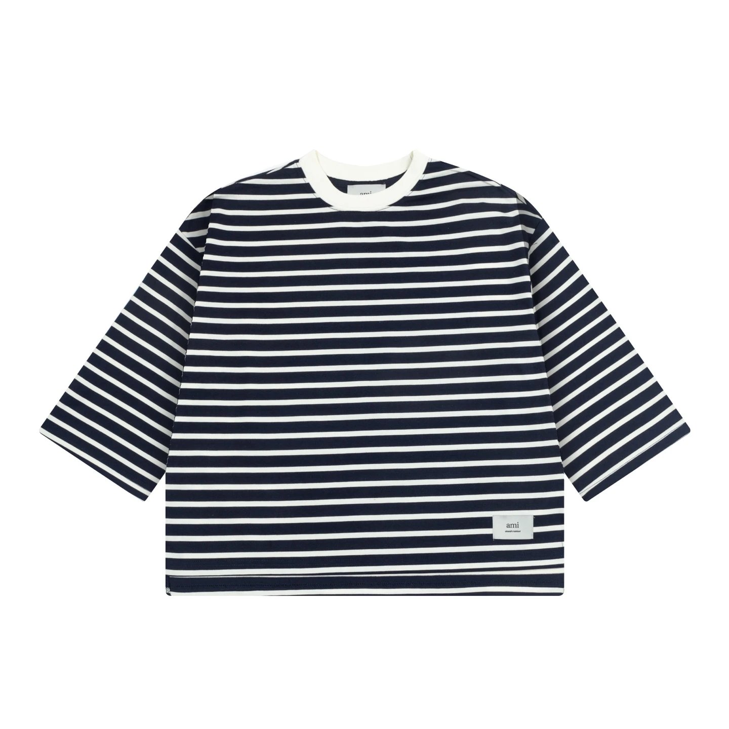 AMI Striped T-Shirt – Classic navy and white cotton tee with relaxed fit, crew neck, and minimalist logo tag for timeless casual style and comfort.