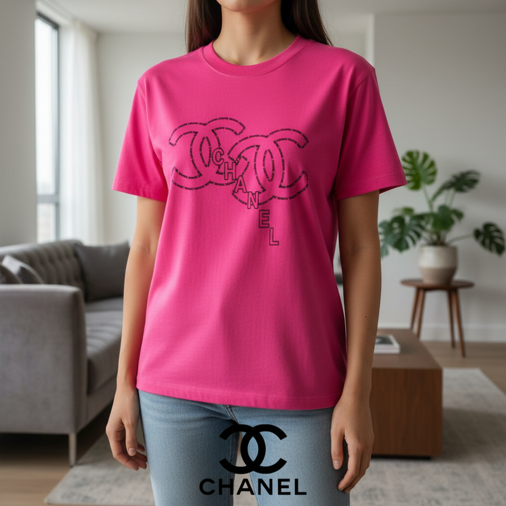 CHANEL Pink Cotton Logo T-Shirt Casual Fashion