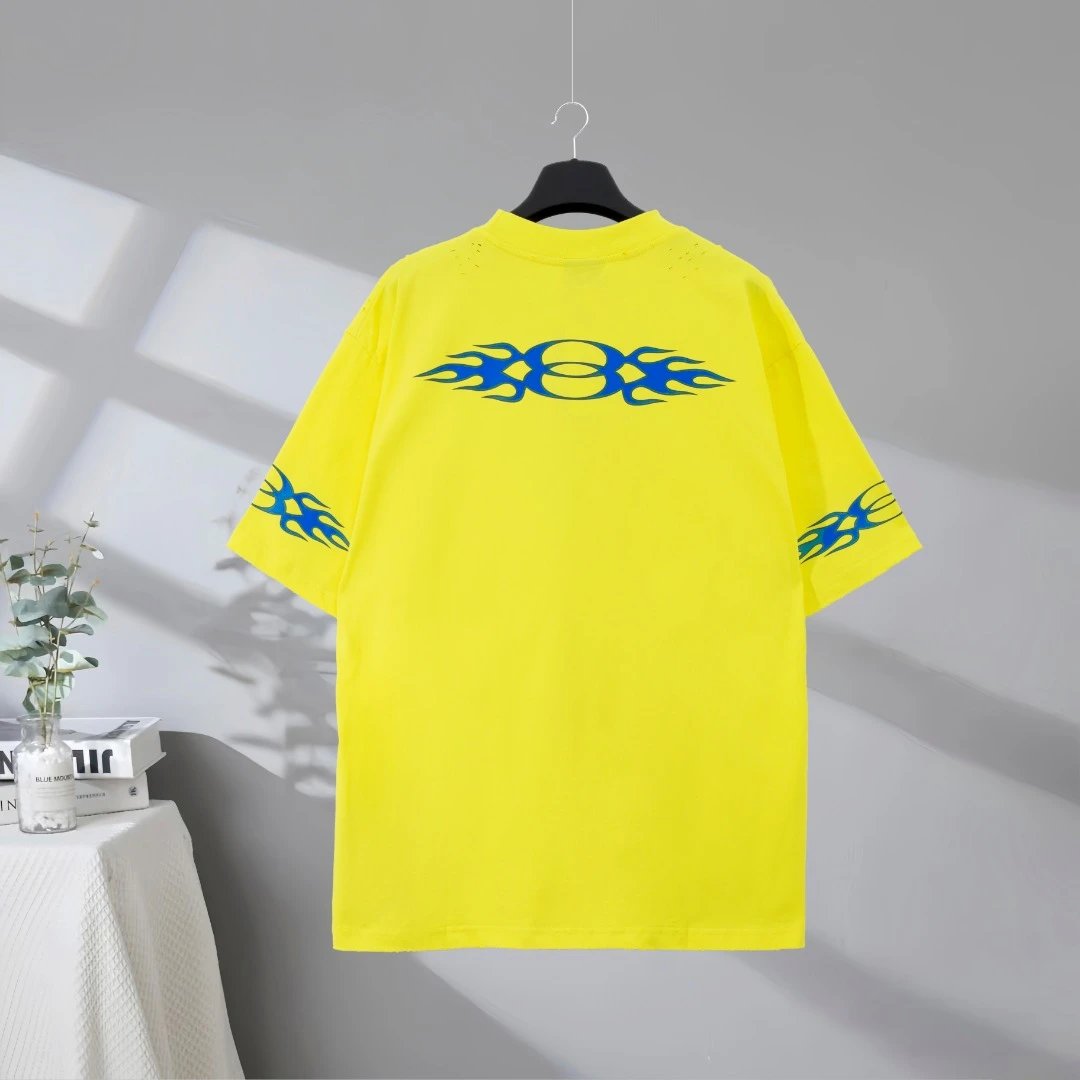 Balenciaga Unisex Yellow Flame Graphic T-Shirt, Trendy Oversized Streetwear Tee with Blue Fire Print, Fashion Casual Top for Summer