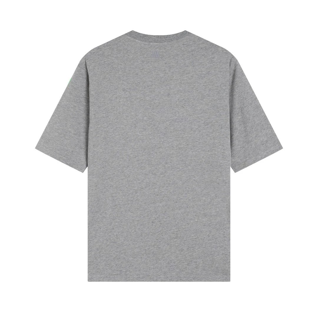AMI Grey Cotton T-Shirt featuring colorful logo embroidery, classic crew neck, and relaxed fit for everyday comfort and modern casual style.